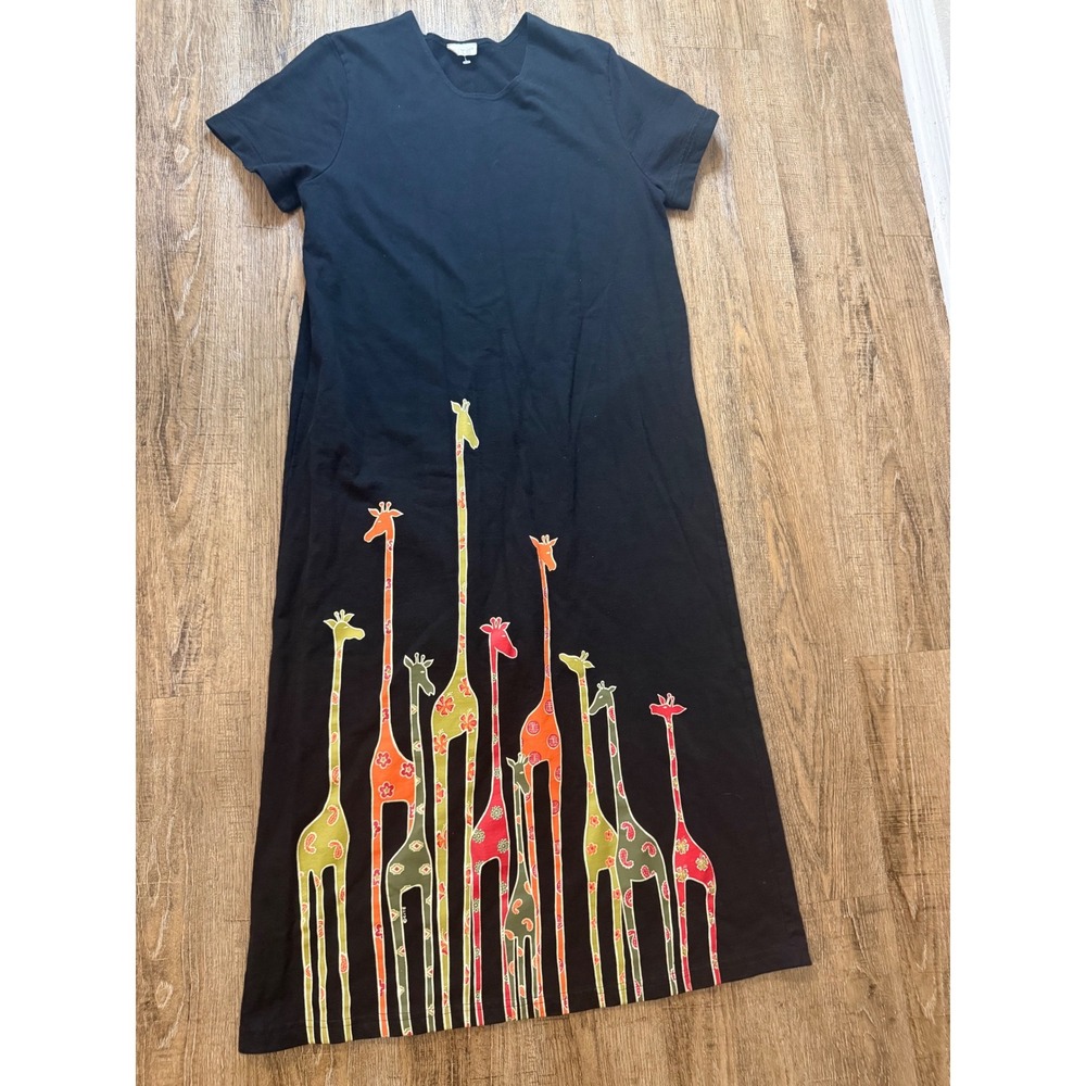 Cite Black Cotton Giraffe Graphic Maxi T-Shirt Dress Short Sleeve Artistic Boho